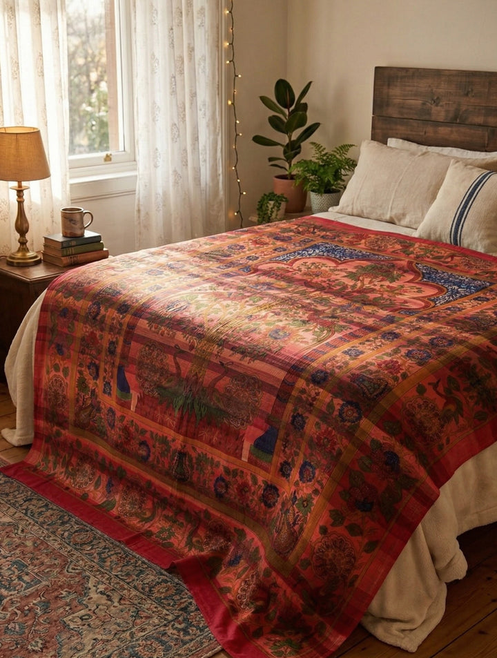 Bedroom with a bed covered by a patterned red blanket, lamp, and plants.