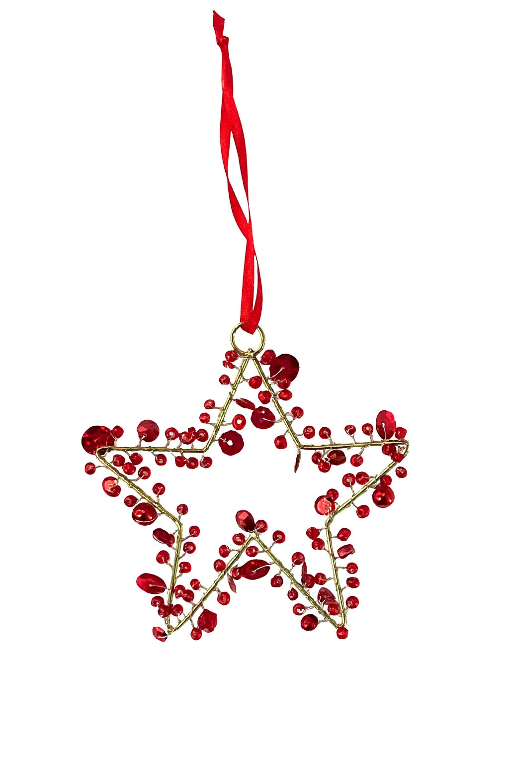 Star-shaped Christmas ornament with red berries and gold accents on a white background