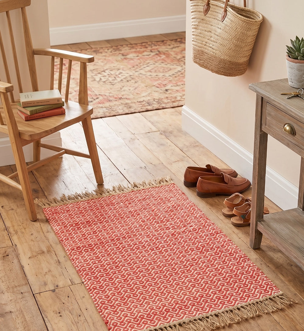Red Cotton and Jute Rug In a Living Room with a wooden chair