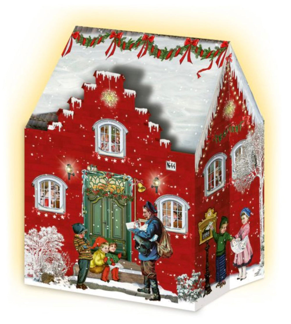 Red German House Advent LED 3D Card In a White Background