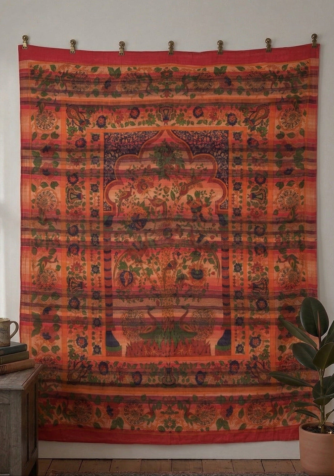 Red Indian Khadi Throw Tapestry on a white wall