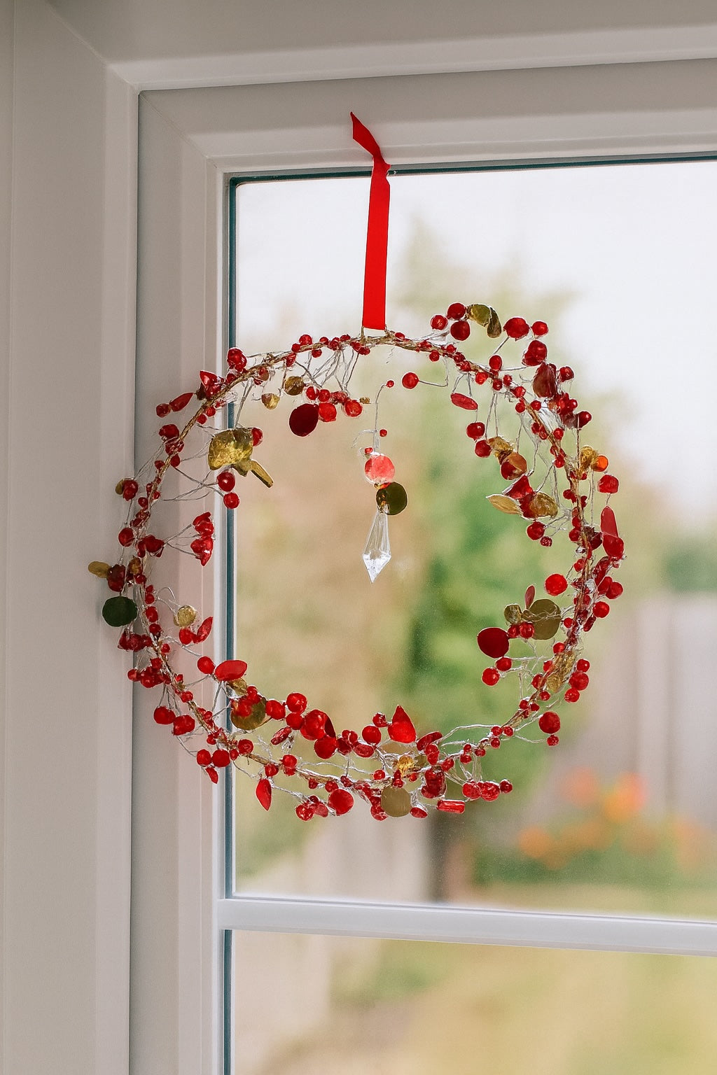Handmade Beaded Wire Circle Decoration – Multicolour or Red Hanging Ornament (20cm) | Unique Home Décor & Gift