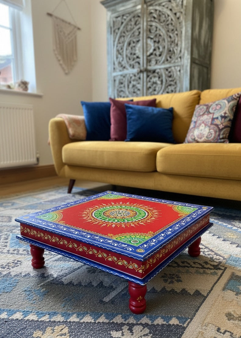 Colourful coffee table with intricate design in a living room setting