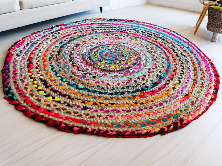 MISHRAN Round Rug Jute Hand Woven with Multicolour Recycled Fabric