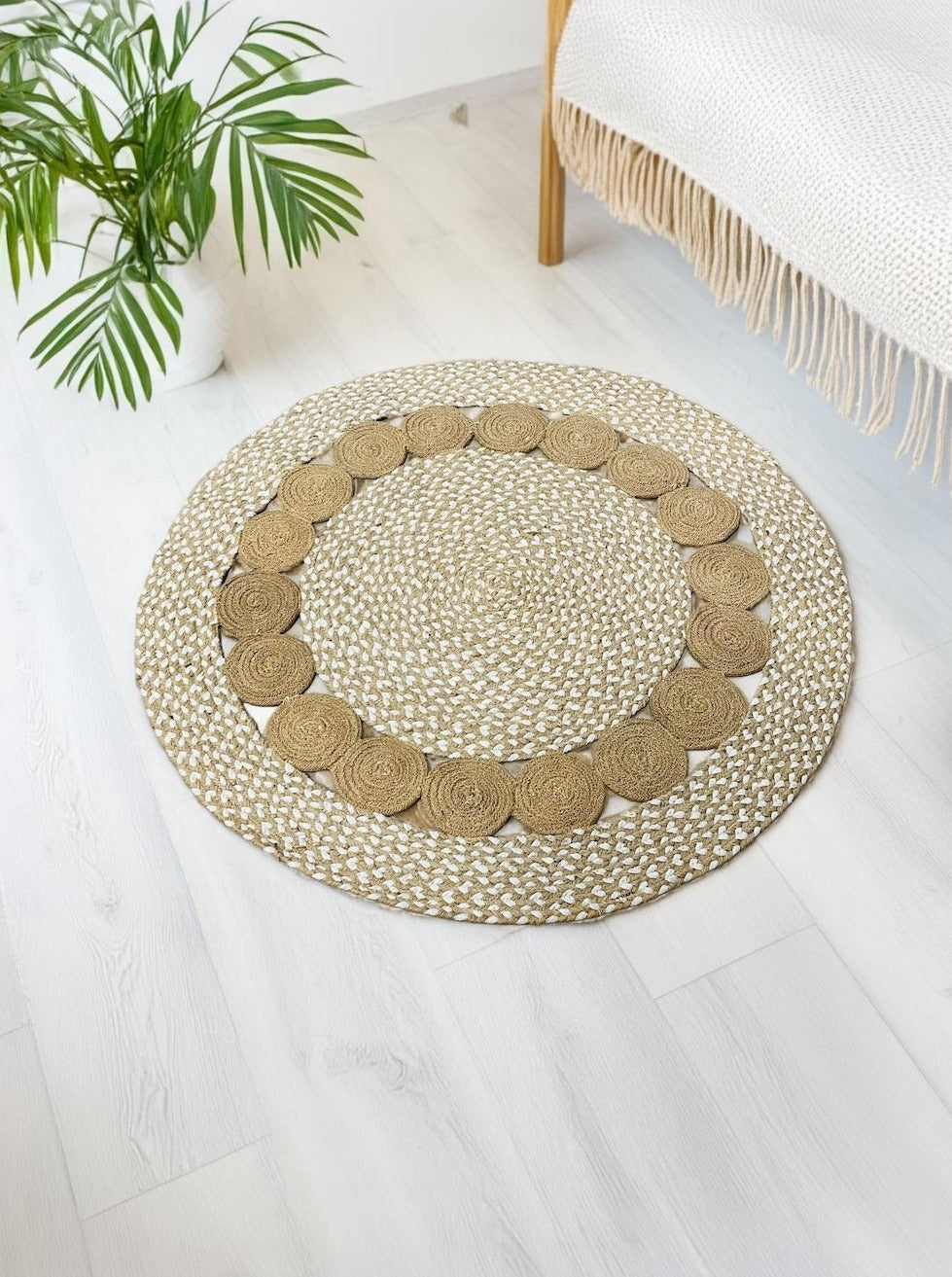 Round Rustic Rug Natural White Speckled Mini Circles Design Cotton and Jute Two Sizes