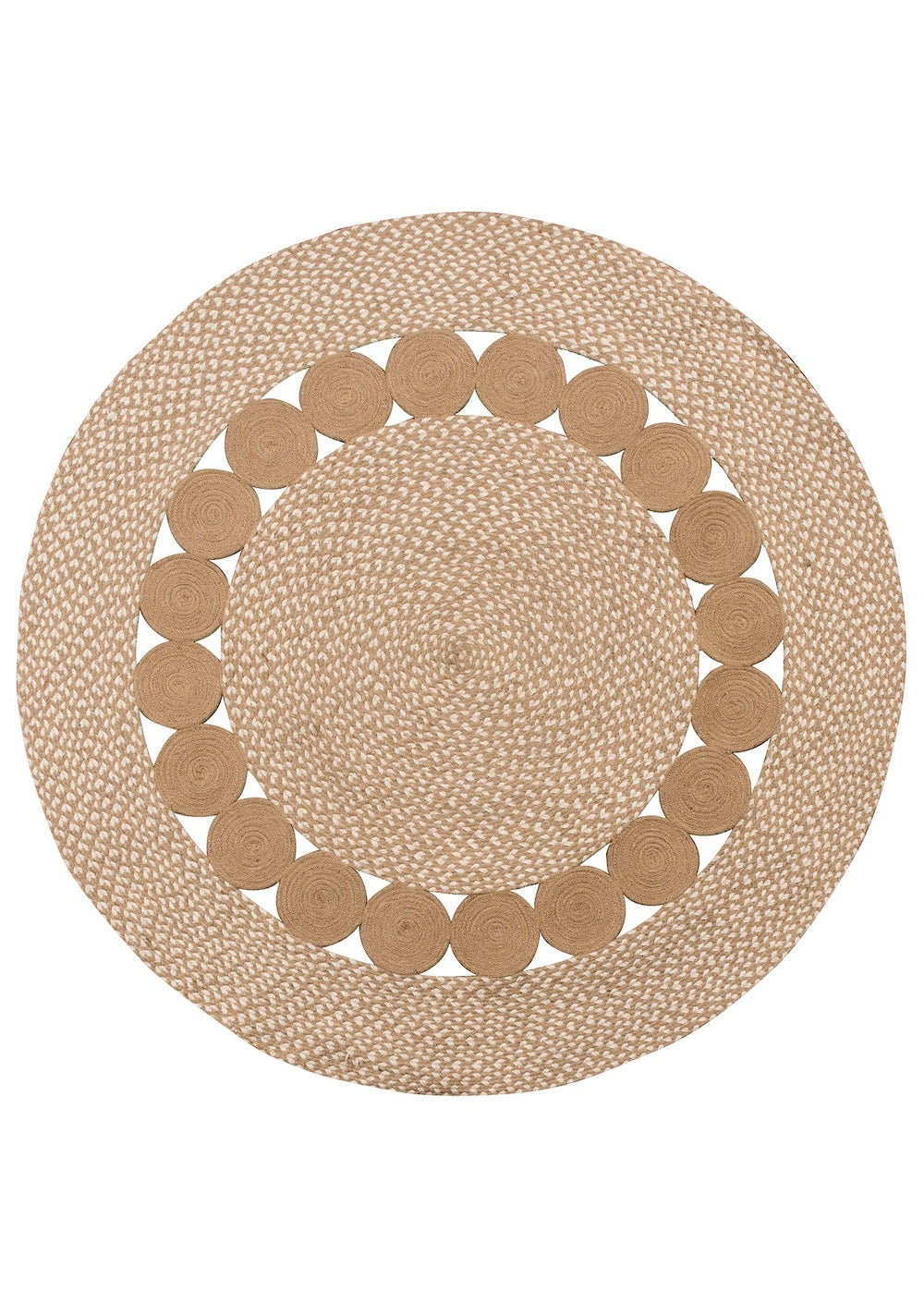 Round Rustic Rug Natural White Speckled Mini Circles Design Cotton and Jute Two Sizes