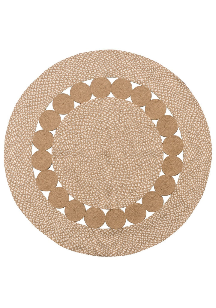 Round Rustic Rug Natural White Speckled Mini Circles Design Cotton and Jute Two Sizes