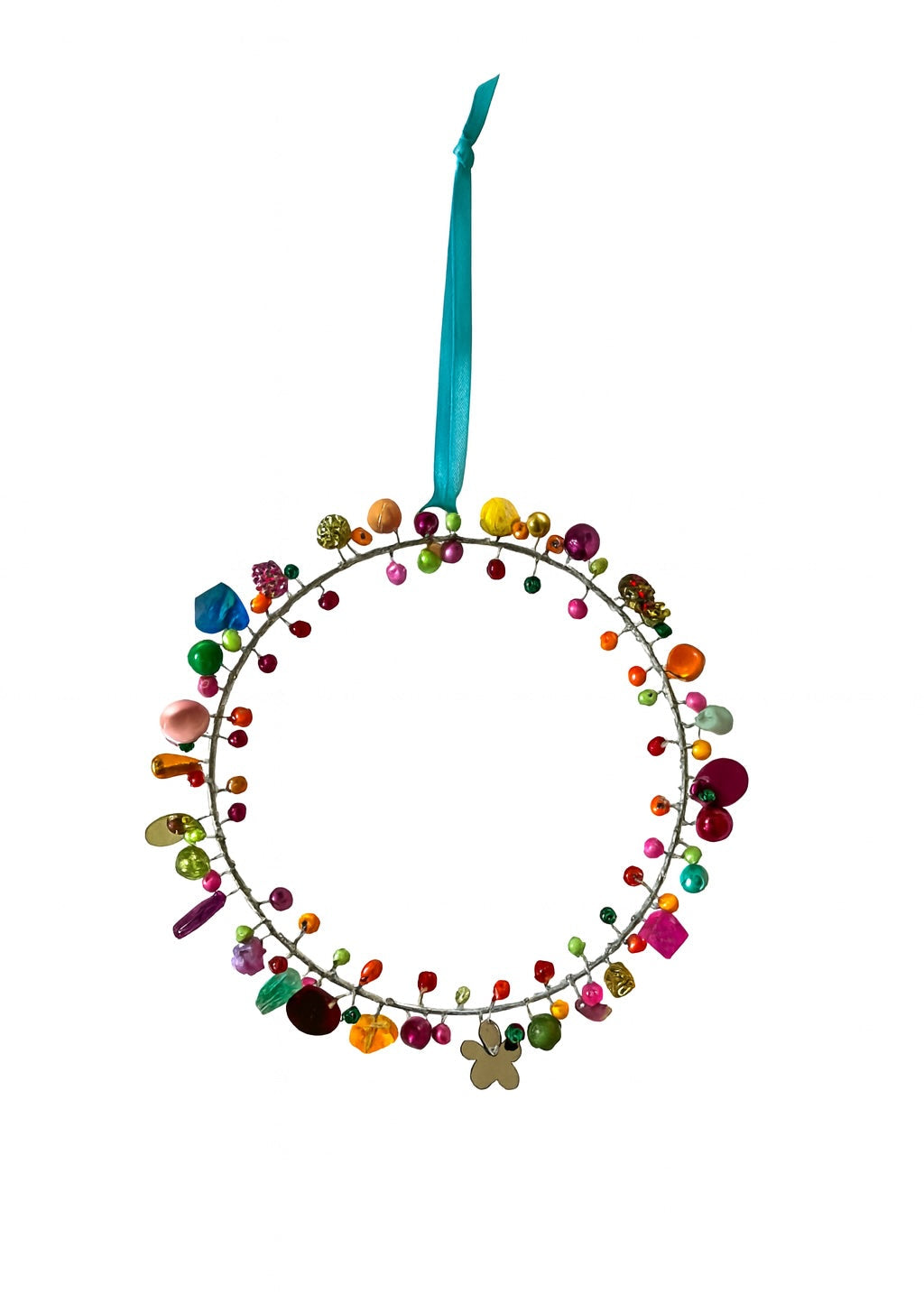 Mini Decorative wreath ornament with colourful beads and a blue ribbon on a white background