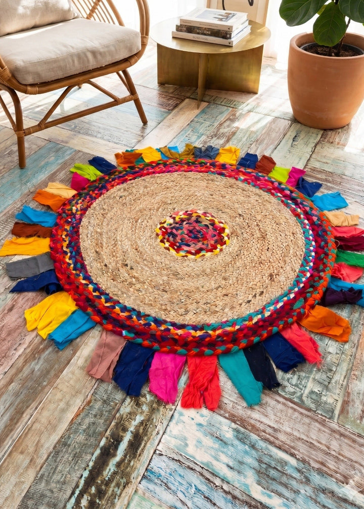 Round jute rug with colourful tassels on a wooden floor, surrounded by a chair and plant.