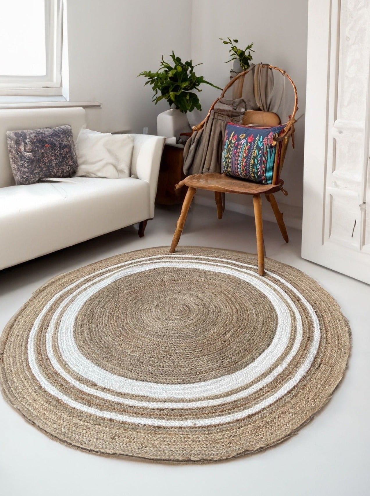 Hand Knotted Solid Area Natural Jute Round top Rag Rug