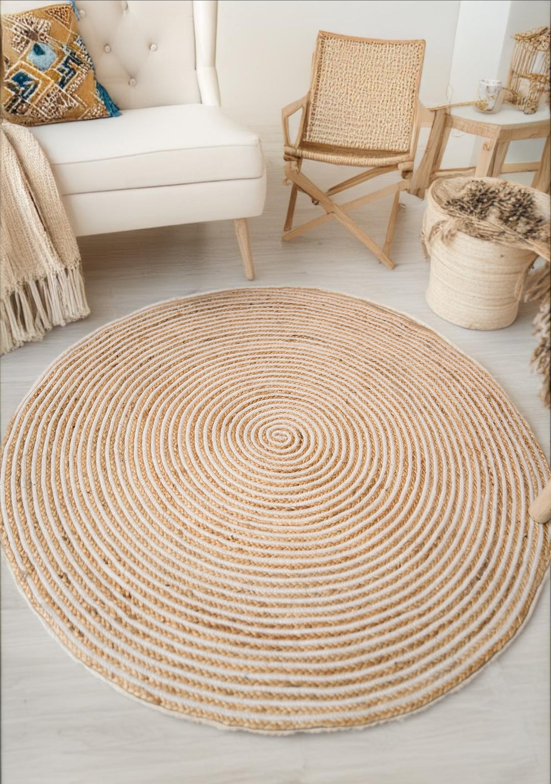 Grand Bazaar Fair Trade Round Natural Beige Braided Jute Cotton Stripe Indian Rug