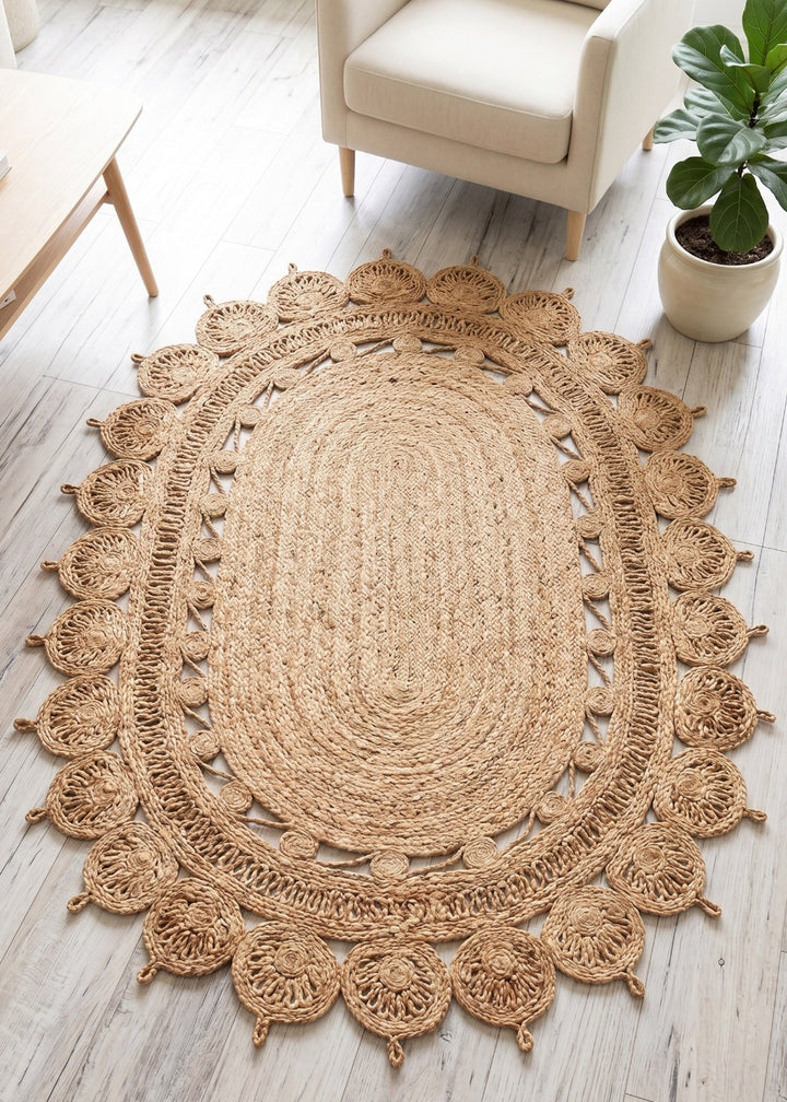 Decorative jute rug on a wooden floor with a chair and plant in the background