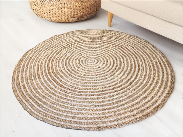 Grand Bazaar Fair Trade Round Natural Beige Braided Jute Cotton Stripe Indian Rug