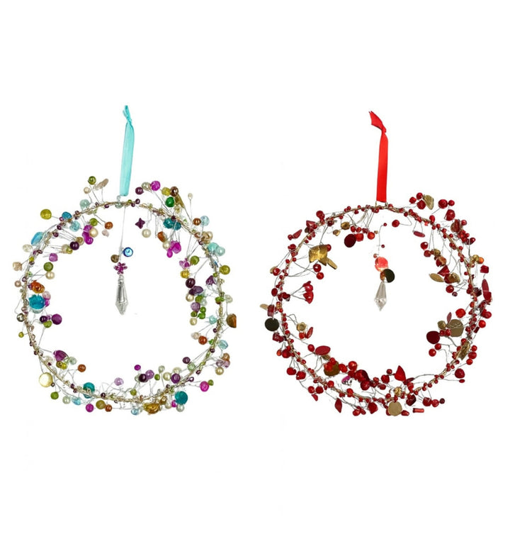 Two beaded wreaths, one multicolored and one red, on a white background.