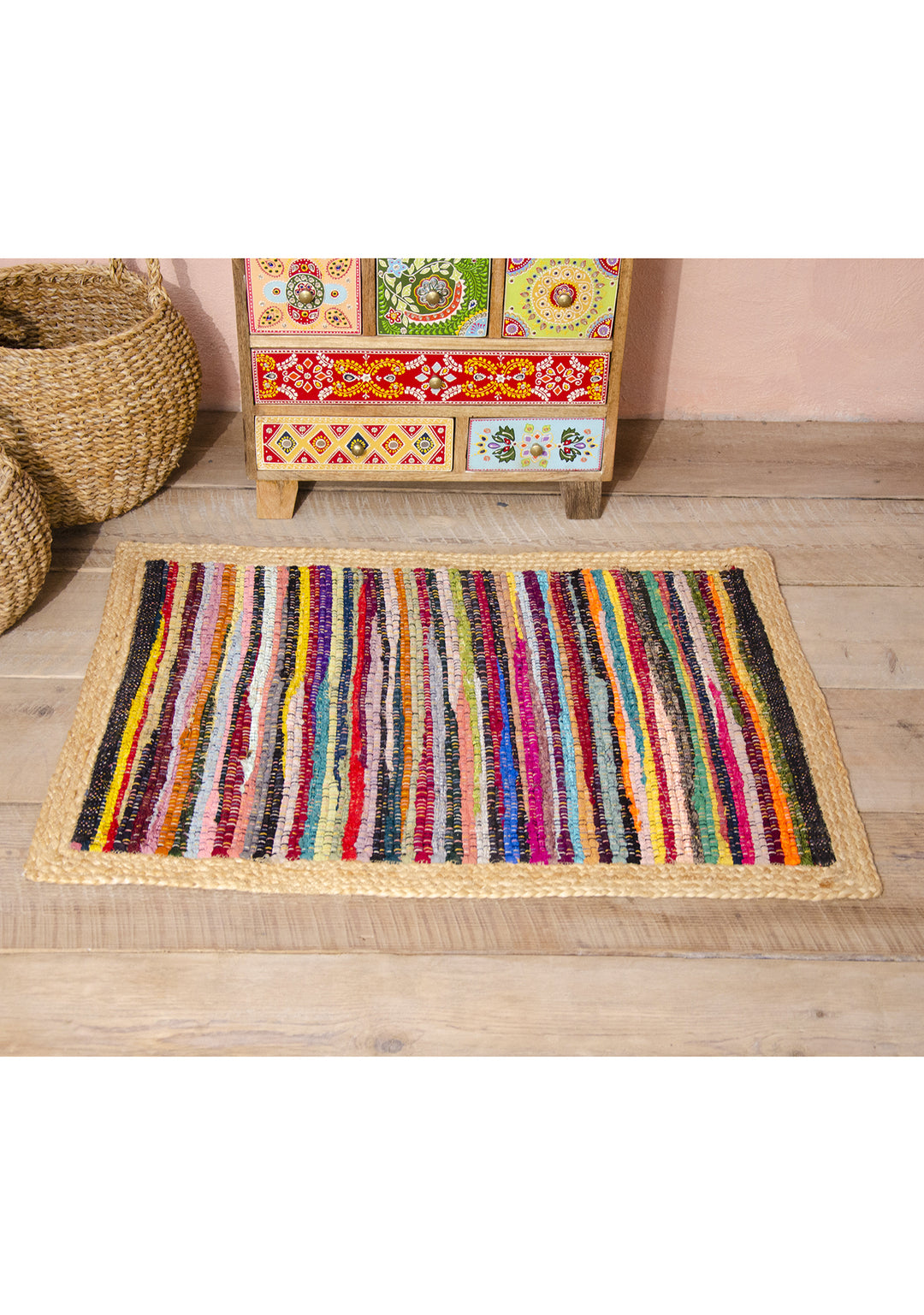 Jute Rug with Striped Chindi rag rug pattern - Second Nature Online.