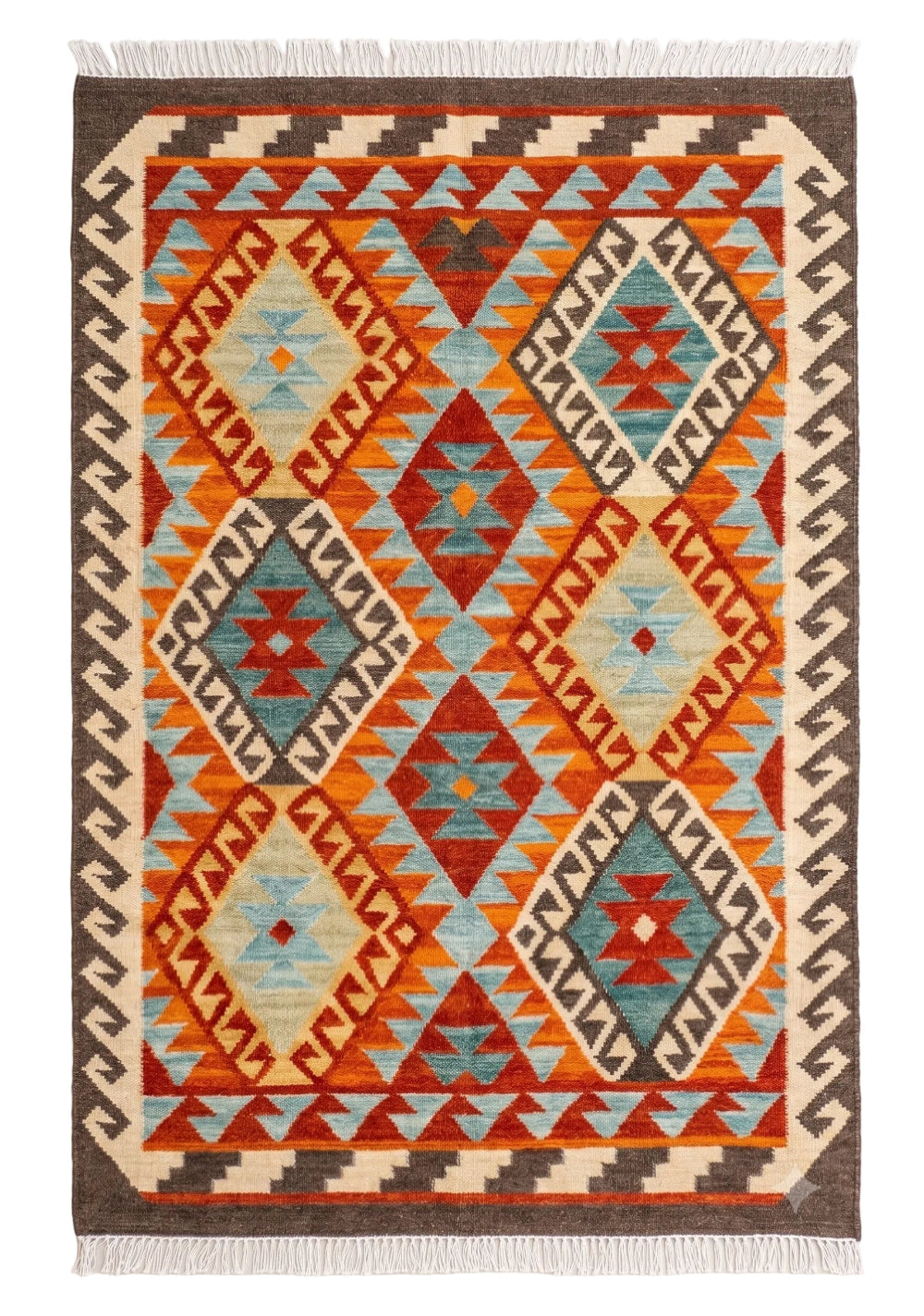 A square woven area rug with a Southwestern geometric pattern in orange, red, blue, beige, and brown, featuring fringe on the top and bottom edges.