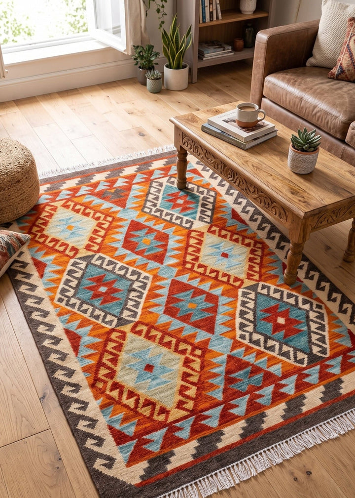 A colourful geometric area rug with a Southwestern-style pattern in orange, red, blue, beige, and brown, styled on a light wood floor in a cosy living room setting.