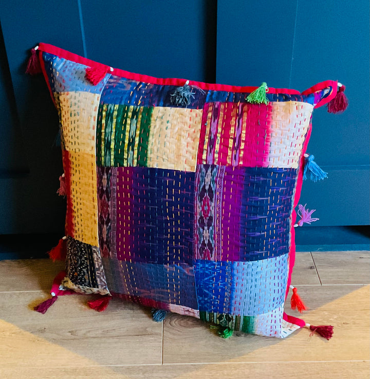 Recycled Silk Sari Patchwork Cushion Cover with Tassels