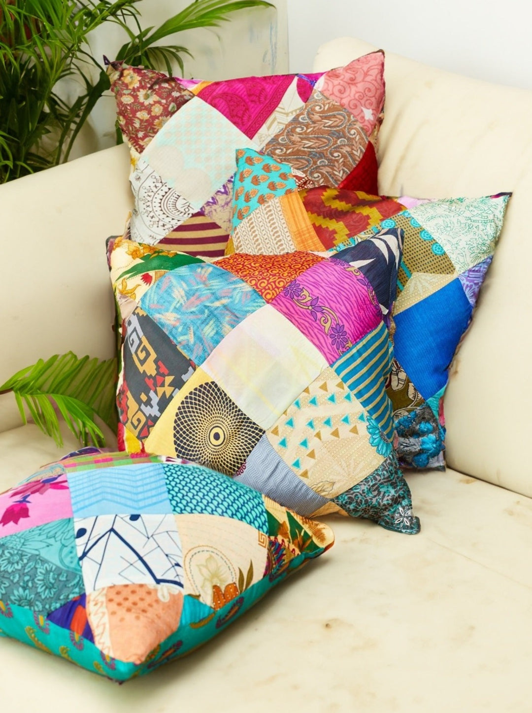 Recycled Patchwork Sari Multi Colour Patchwork Cushion Covers 45 cm x 45 cm
