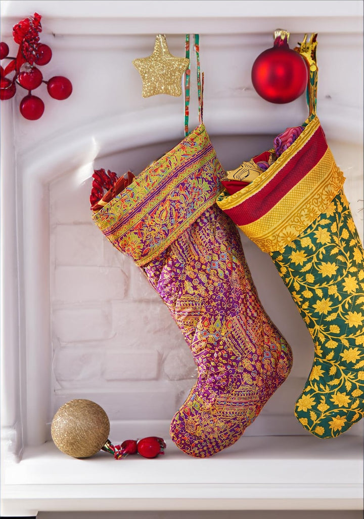 Recycled Sari Christmas Stocking Bright Colourful Xmas Decoration