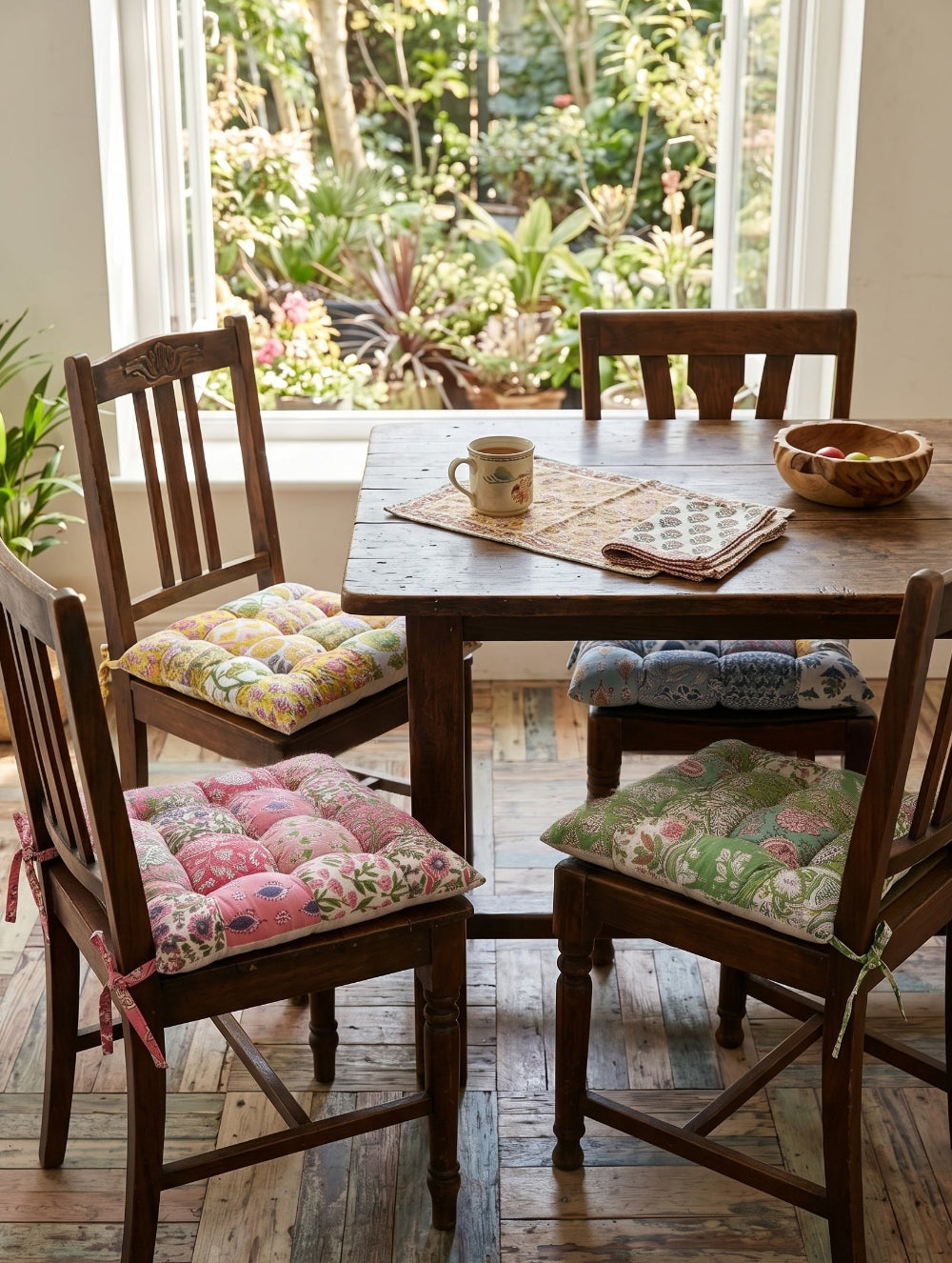 Wooden dining table with four chairs, each having a colourful cushion, in a bright room with plants.