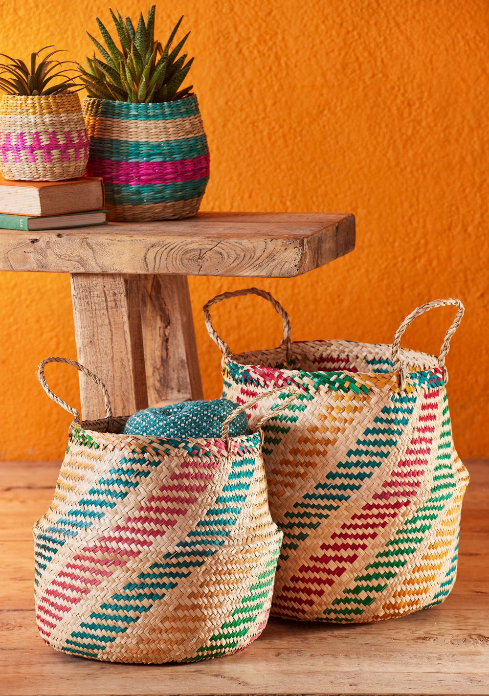 Set of Seagrass Baskets With a Multi Colour Design