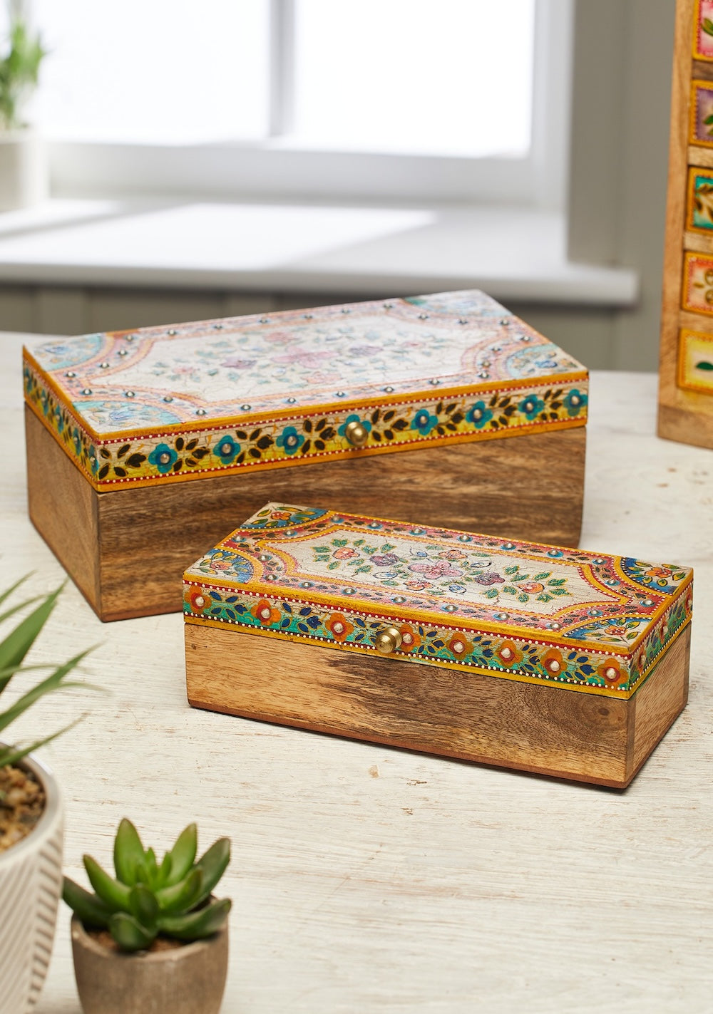 Set Of 2 Wooden Floral Boxes For Jewellery and Trinkets