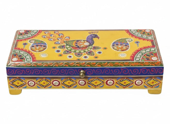 Small Trinket Box Showing a Peacock design in a white background