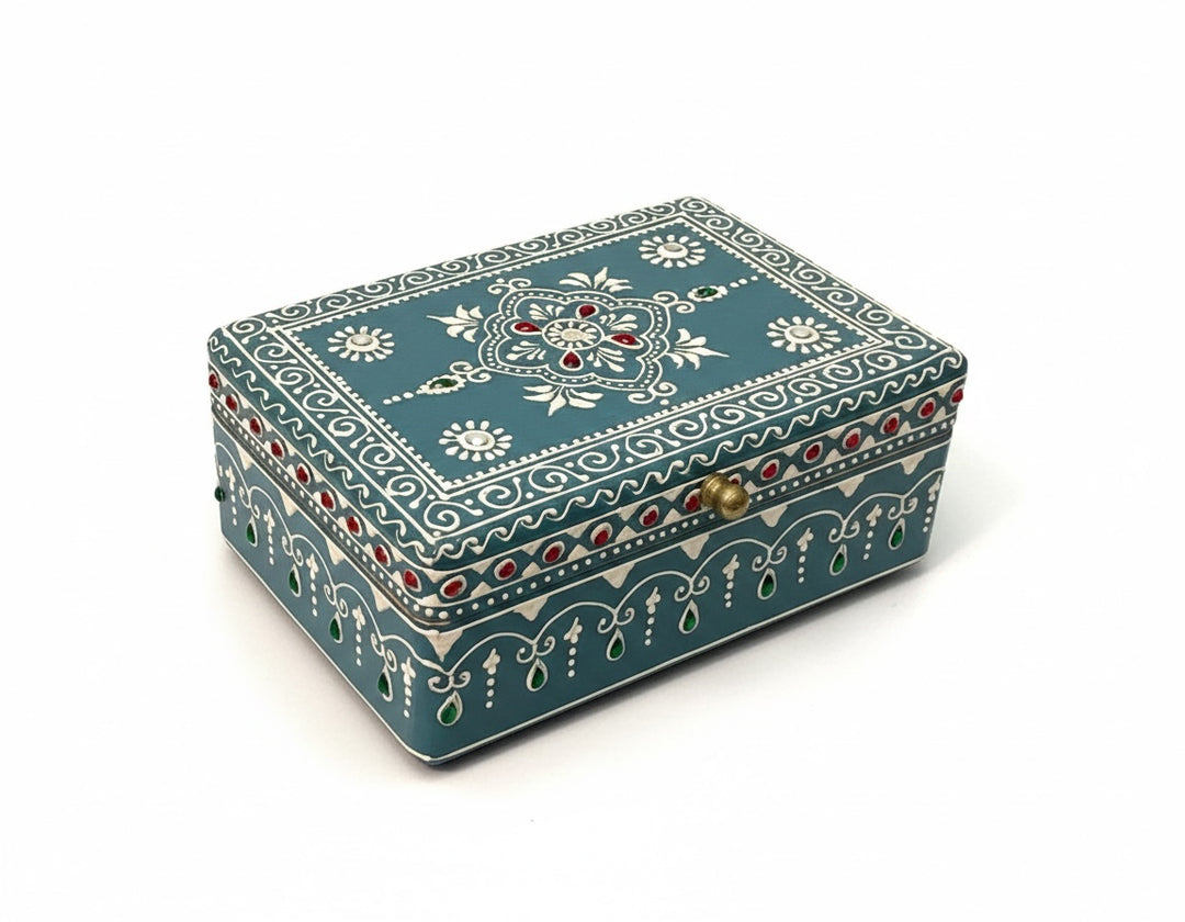 Hand-Painted Indian Mango Wood Jewellery & Keepsake Boxes - Set of 2 (Blue Bohemian)