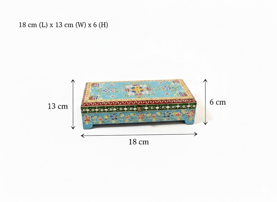 Set of 2 Handmade Indian Blue Floral Jewellery Boxes With Ethnic Design - Hand-Painted Mango Wood Trinket Storage