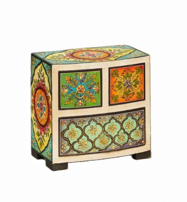 Hand Painted Mini Indian Chest with 3 Drawers