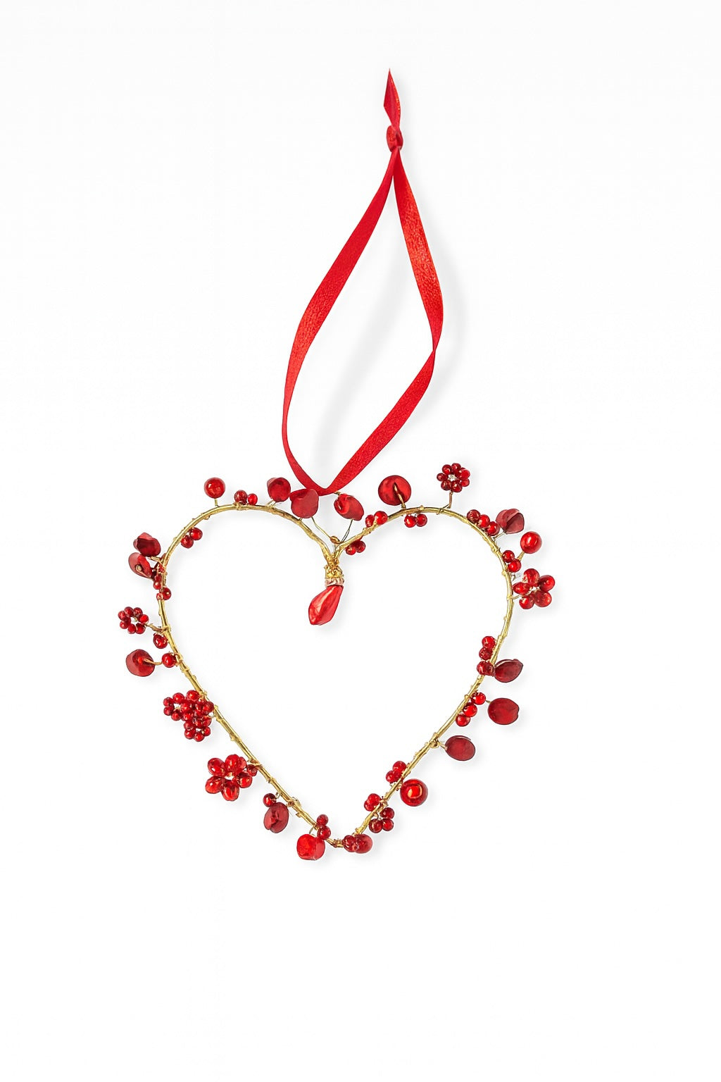 Red Gold Beaded Wire Heart Decorations with Ribbon – Festive & Valentine Décor