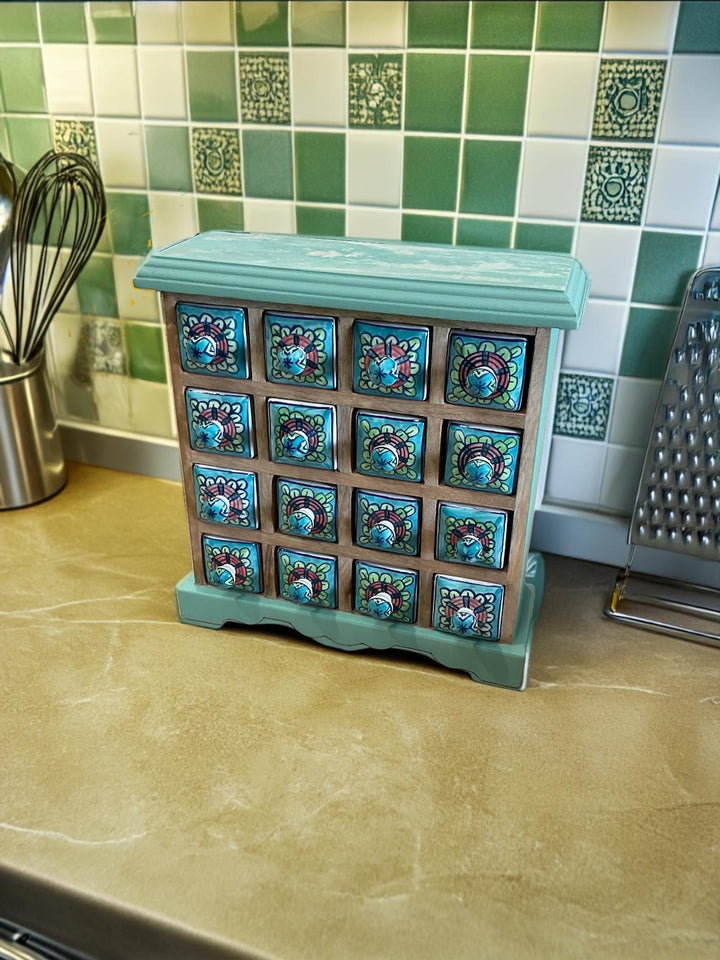 Ceramic Chest Green Sage French Chic Kitchen Storage Unit Trinkets Jewellery Spices Distressed Top