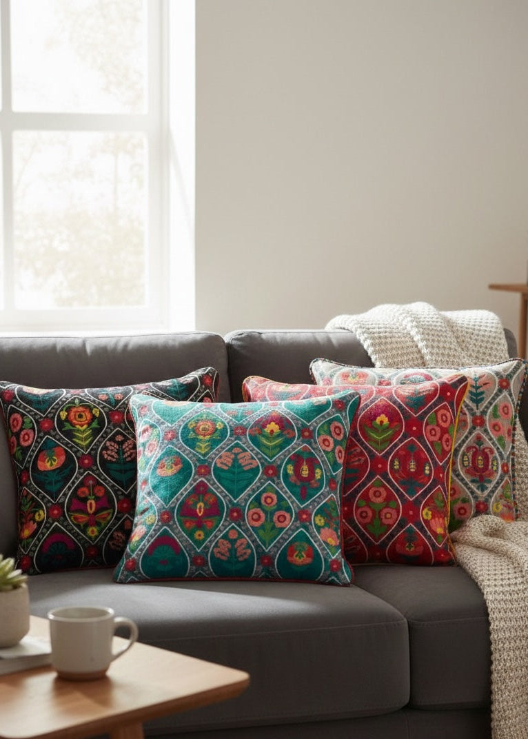 Decorative cushion with colourful patterns on a grey sofa in a living room.