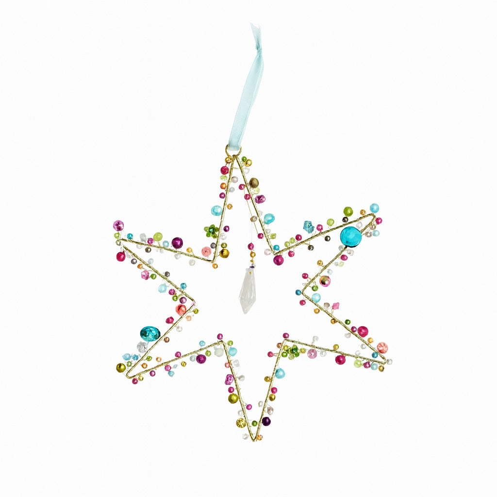 Decorative star ornament with colorful beads and a blue ribbon on a white background
