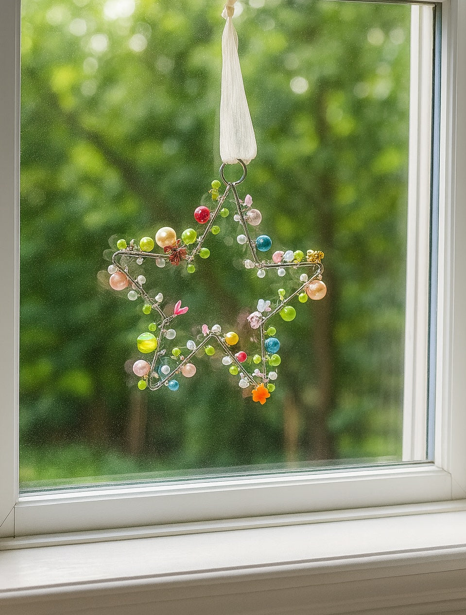 Star-shaped decorative hanging with colourful beads in front of a window with a green outdoor view.