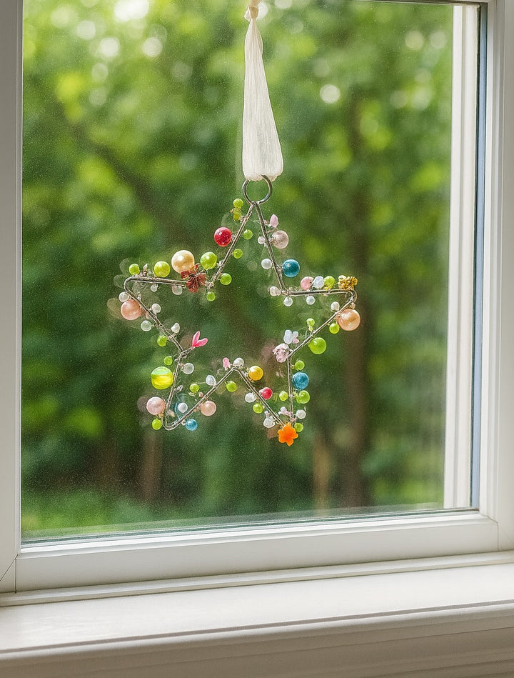 Star-shaped decorative hanging with colourful beads in front of a window with a green outdoor view.