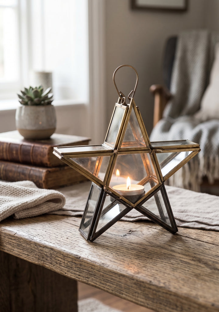 Metal Glass Star Lantern T-Light Holder