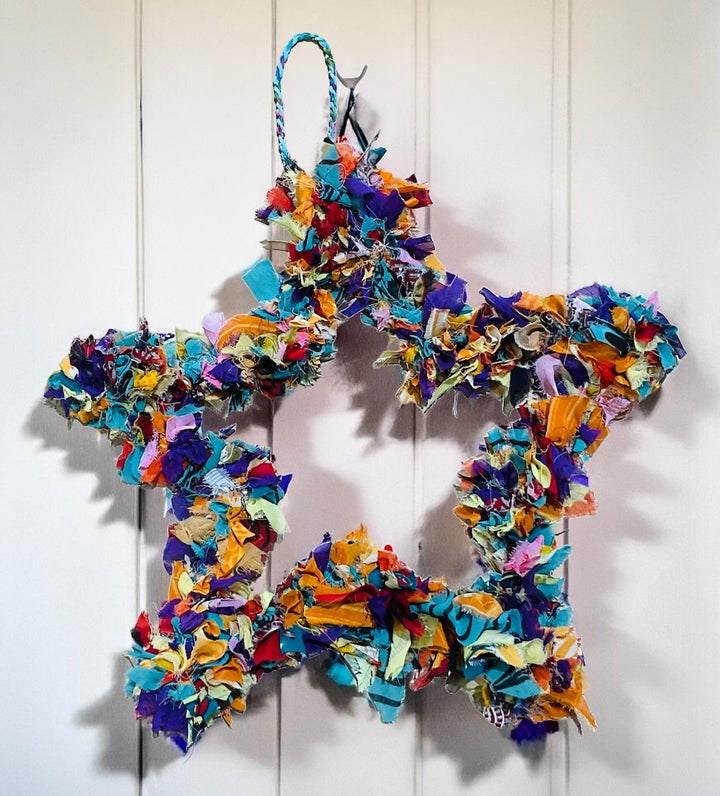 Recycled Sari Multi Colour Hanging Star 38 cm x 6 cm