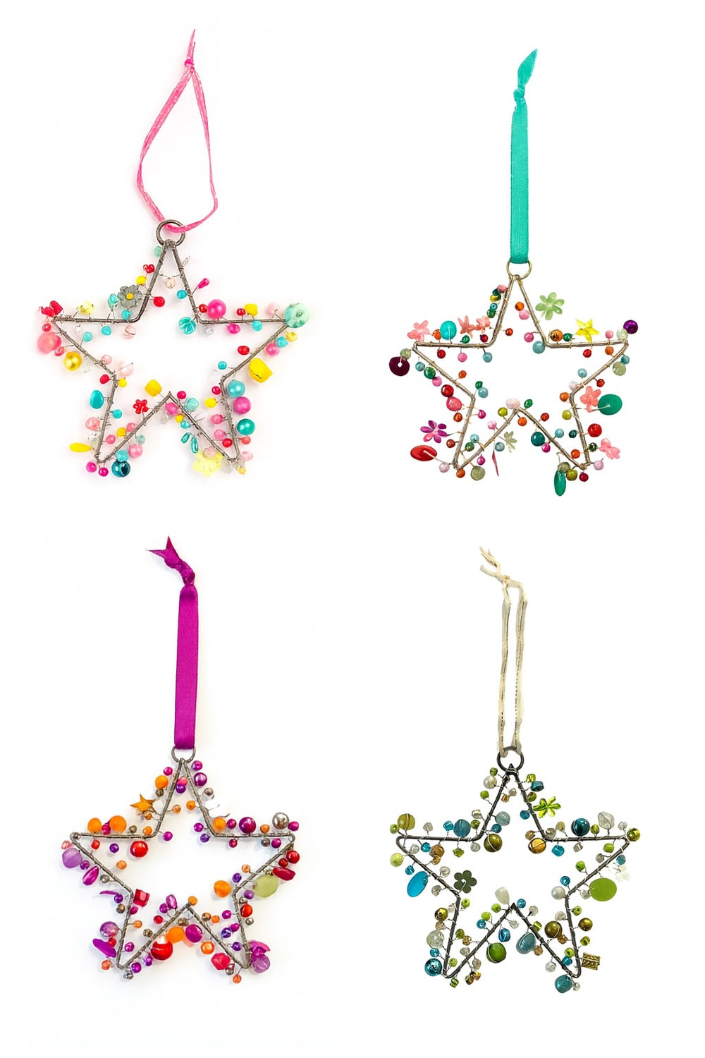 Four star-shaped decorative ornaments with colourful beads on a white background