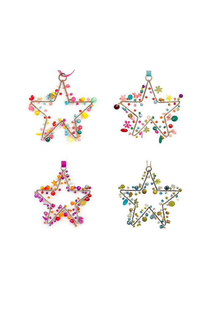 Four colorful star-shaped decorations on a white background