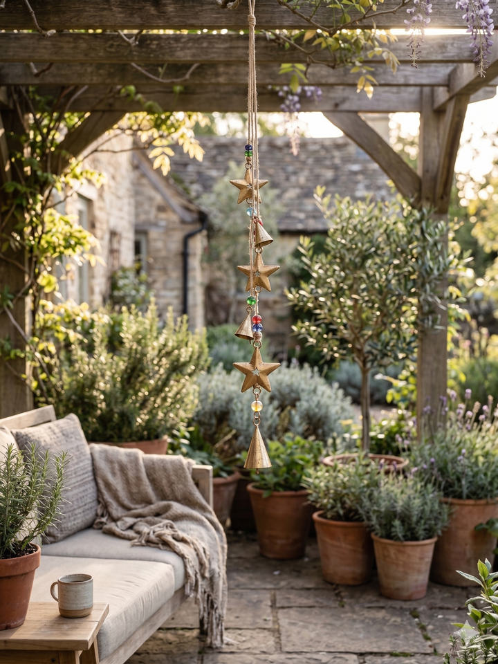Outdoor garden setting with a pergola, plants, and a decorative hanging star.