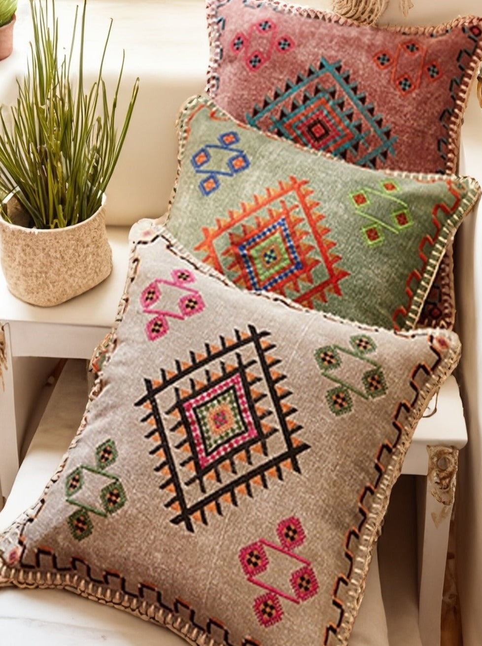 Stonewash Square Cushion Cover with Indian Embroidery Detail