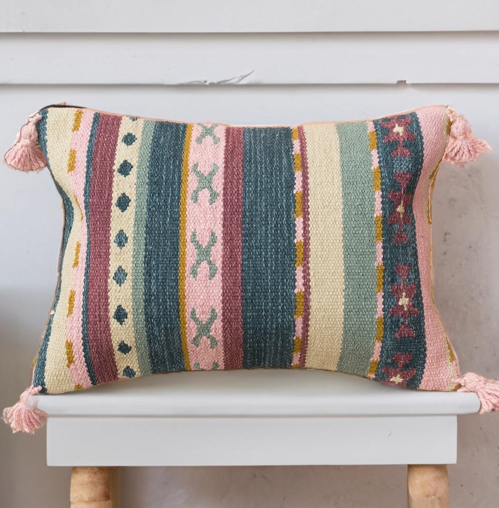 Striped Geometric Kilim Cushion Cover Wool Cotton 35 cm x 50 cm