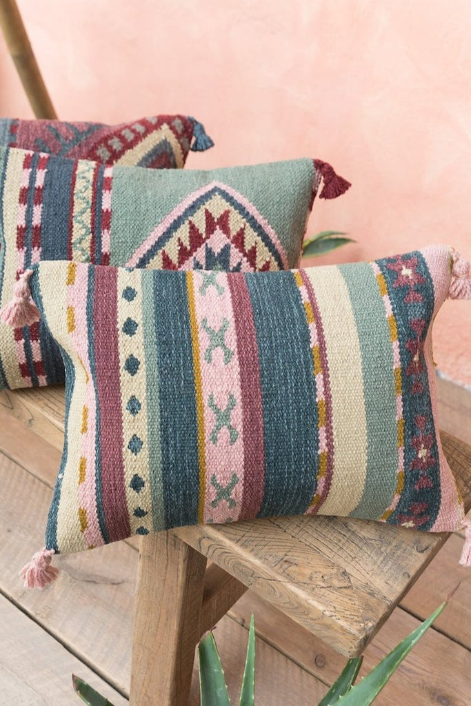 Stripes Turkish kilim pillow with pom top pom - rustic home decor