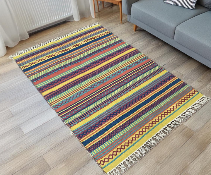 Multi Colour Kilim PET Outdoor Indoor Striped Rug 120 cm x 180 cm