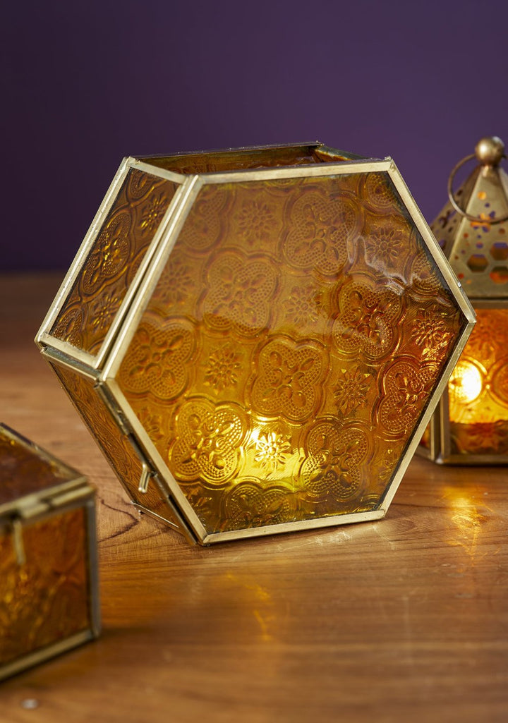 Lighting Hexagon Metal Frame T Light Holder Yellow Embossed Glass