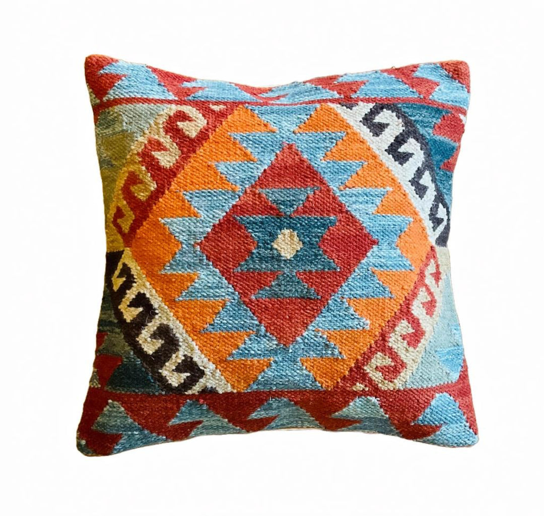 Hand Crafted Diamond Wool and Cotton Multi Colour Blue Terracota Kilim Cushion Cover 50 cm x 50 cm