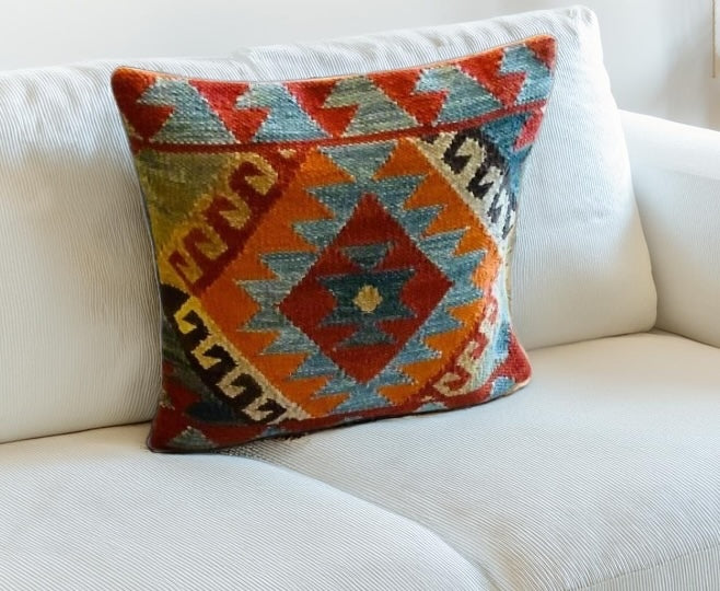 Hand Crafted Diamond Wool and Cotton Multi Colour Blue Terracota Kilim Cushion Cover 50 cm x 50 cm