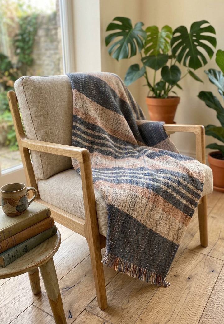 Cosy armchair with a striped blanket, books, and a cup on a wooden side table in a home setting.